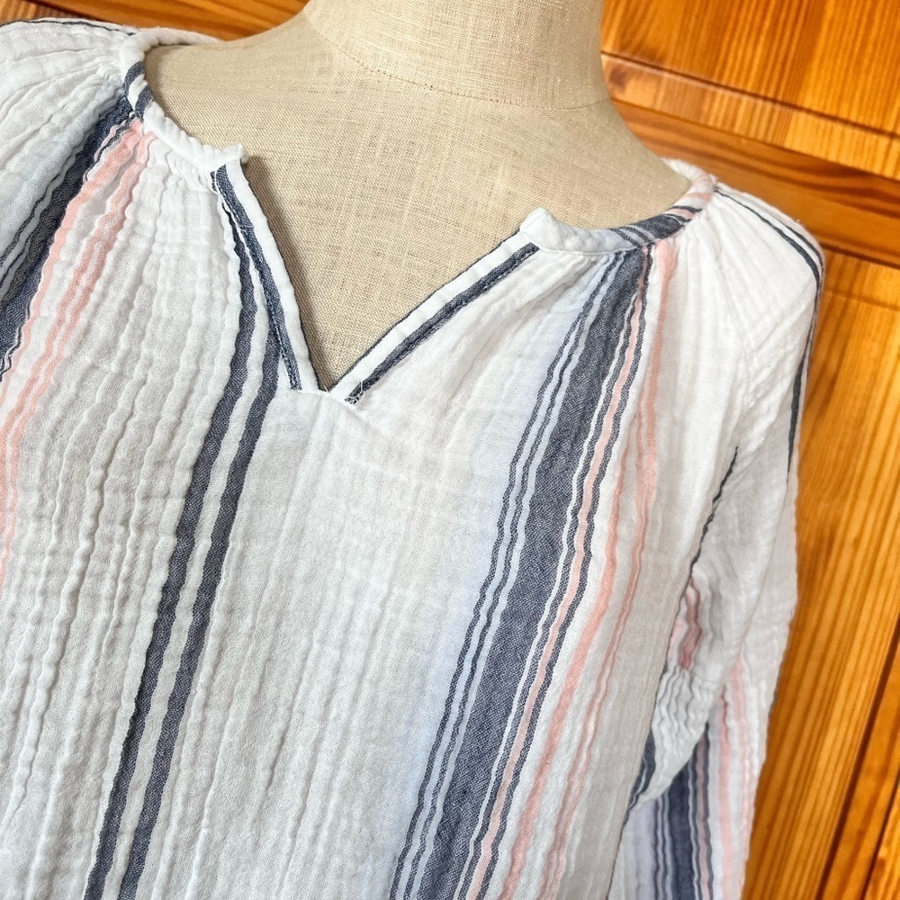Beach Lunch Lounge Medium Cotton Pastel Stripe Neutral Shirt Coastal Casual Soft - Picture 4 of 9